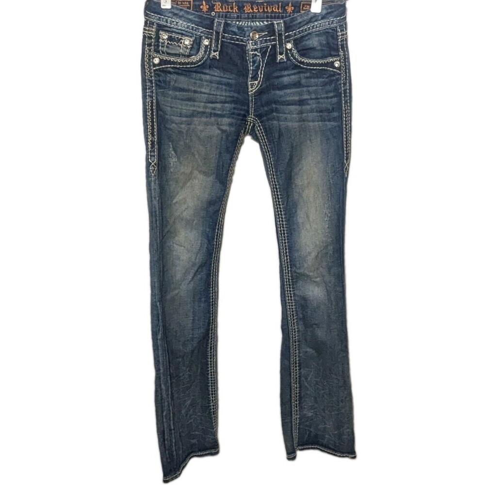 Rock Revival Women’s Jeans Donna Boot Sz 26 Low Rise Distressed Rhinestones